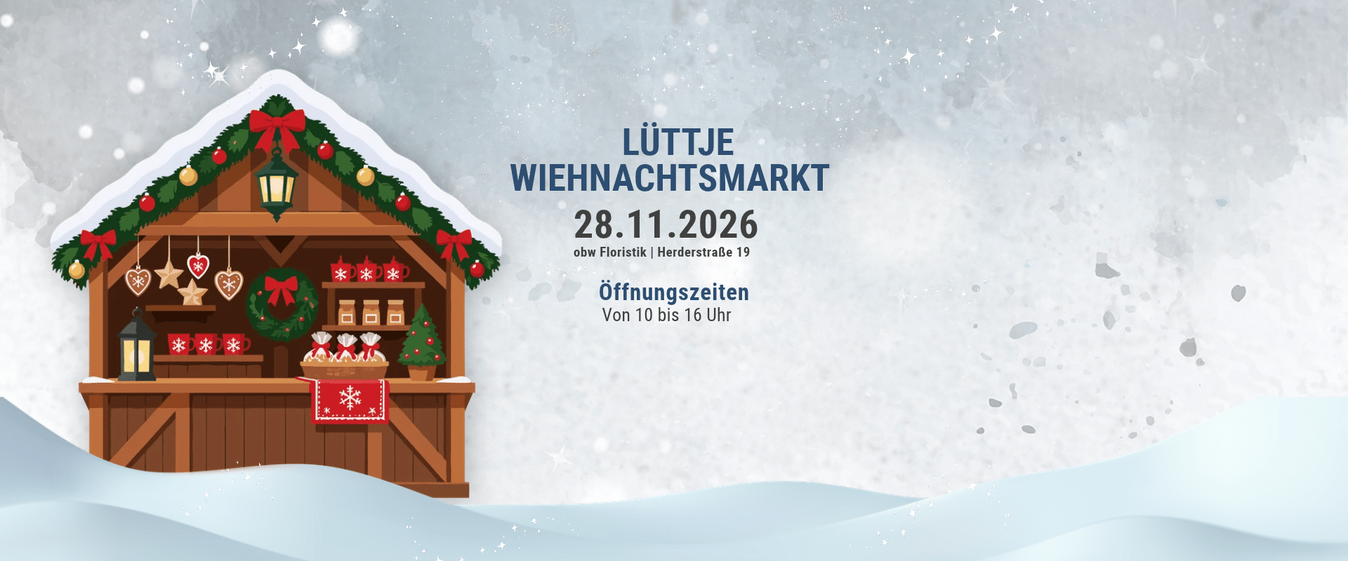 Bild mit einer Weihnachtsbude und dem Text Lüttje Wiehnachtsmarkt. Der Link fürhr zum Blogartikel.